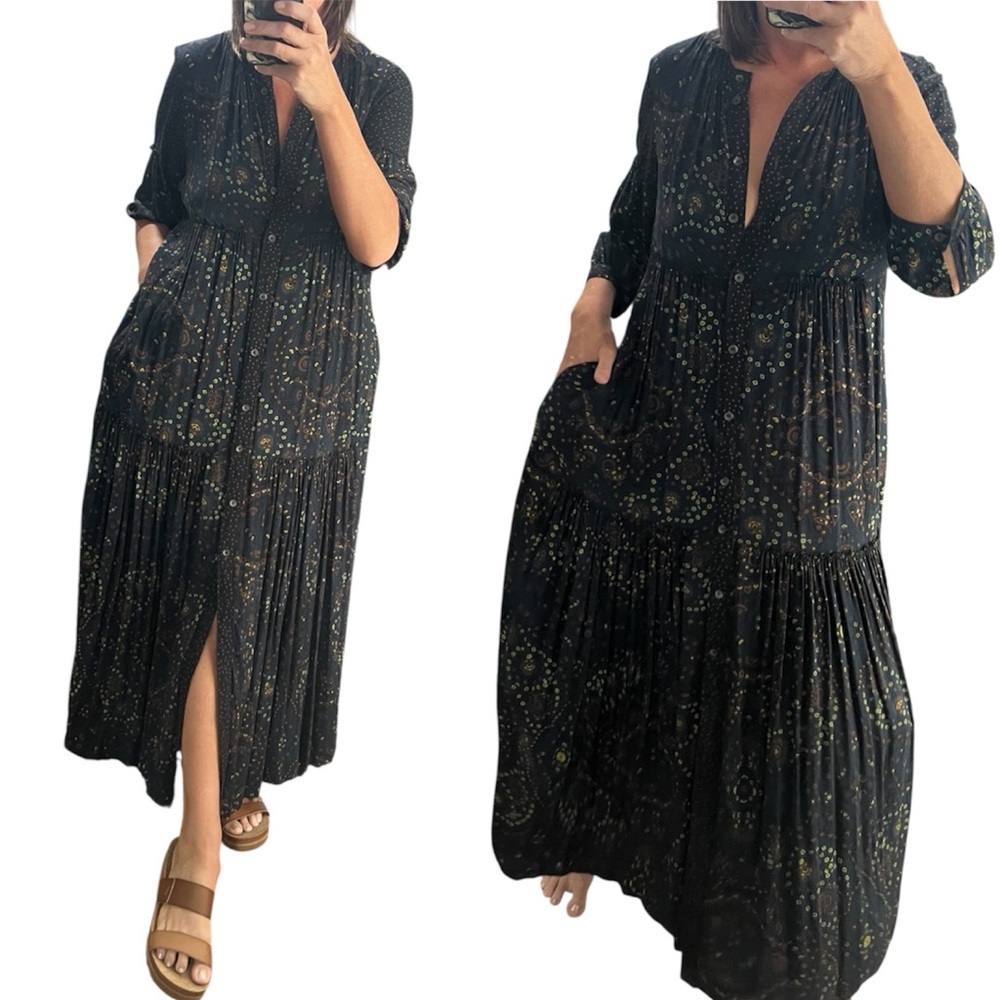 Malia Mills Flowy Button Front 3/4 Sleeve Maxi Shirt Dress
